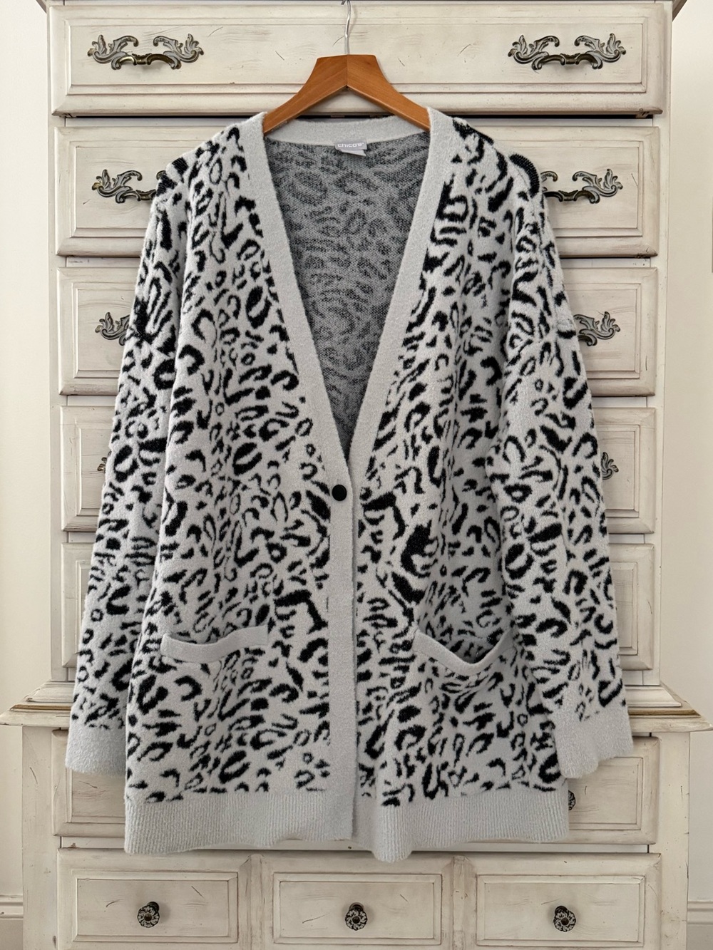 Chico’s Snow Leopard Eyelash Pocketed Cardigan
